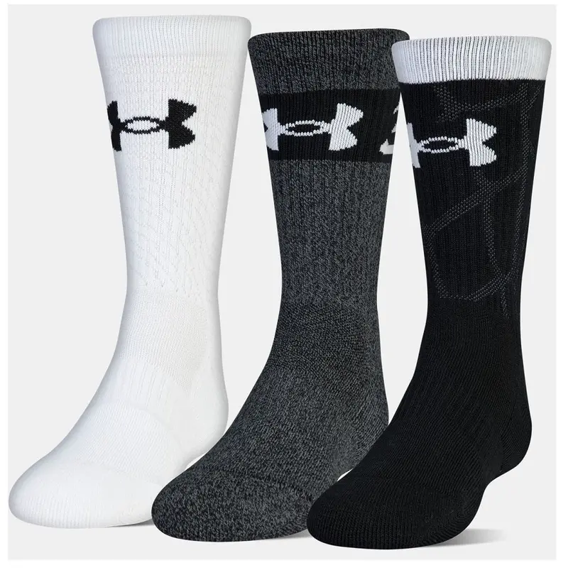 Under Armour Youth Performance Crew Socks – Black/Gray/White Pack Of 3 (Sizes 13.5K–4Y) 1