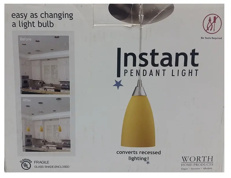 Worth Home Amber-Tinted Instant Pendant Light Fixture – No Wiring Required 1