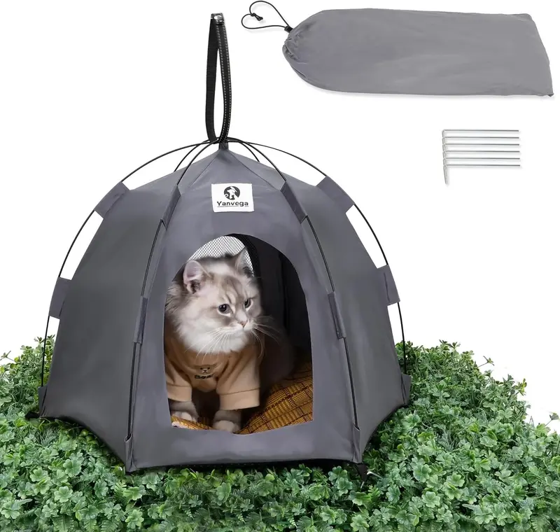 Yanvega Foldable Pop-Up Cat Tent For Small Pets – Gray Portable Playhouse (23" X 23" X 16") 1